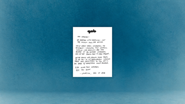 A note from Lauryn, CEO of gob, on a textured blue background.